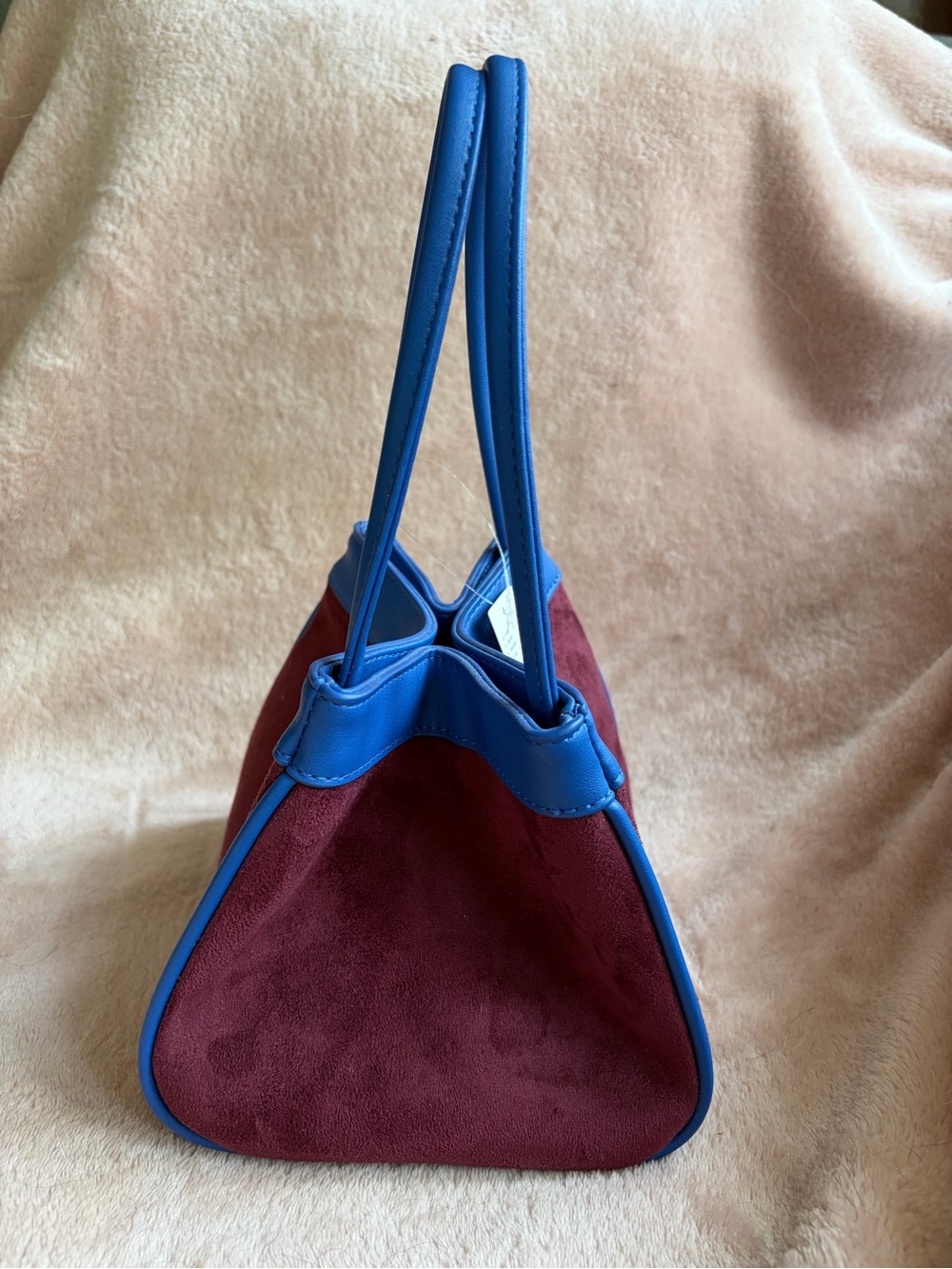 Anthropologie Blue Trim Burgundy Suede Handbag - Picture 5 of 9